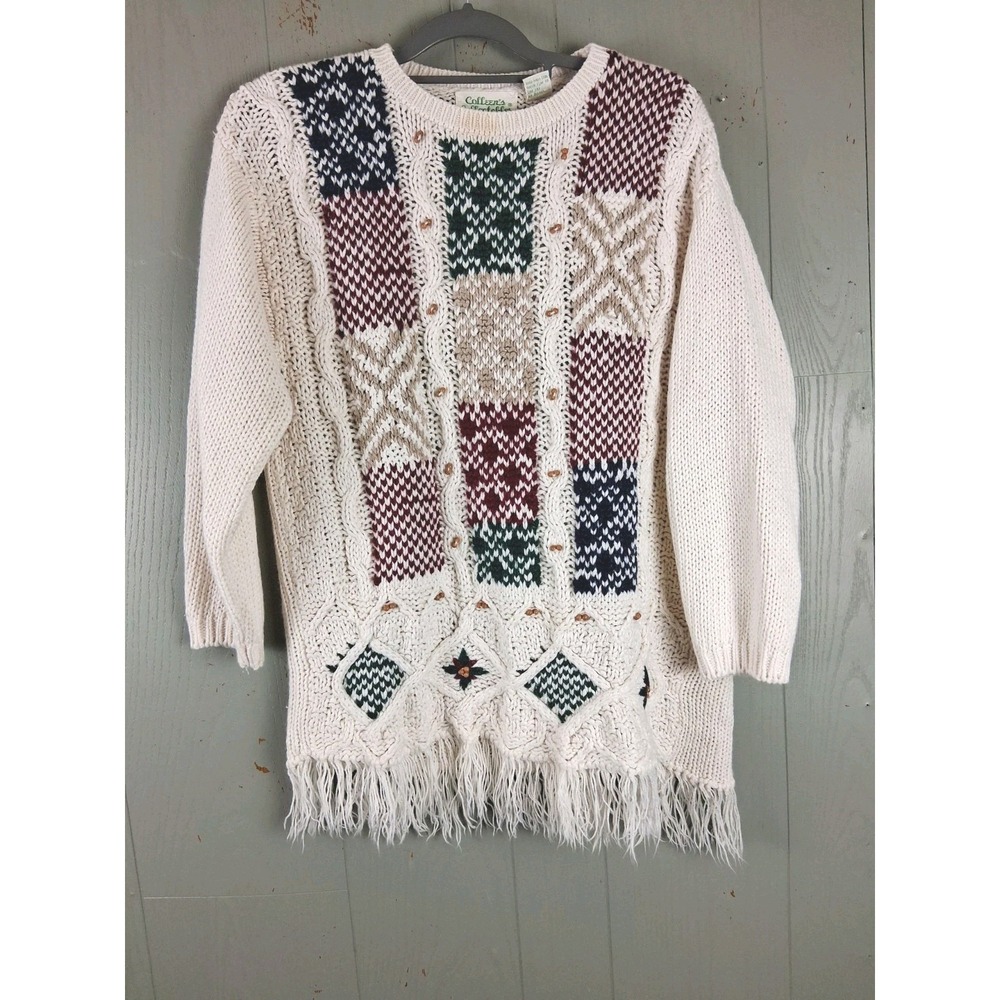 Vintage Cottagecore Cable Knit Sweater Womens L Patchwork Beads Hand Knit Fringe
